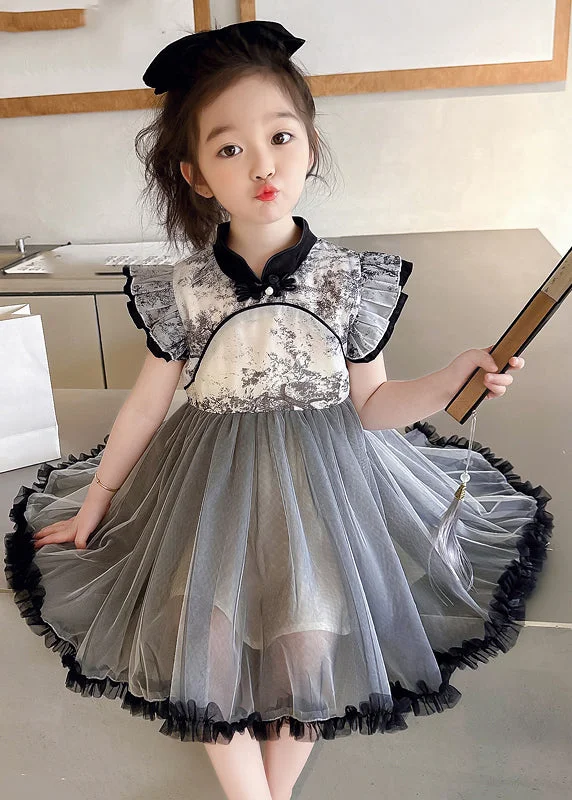 Vogue Black Stand Collar Ruffled Patchwork Tulle Kids Long Dresses Sleeveless MN032 Tulle Dress Classic