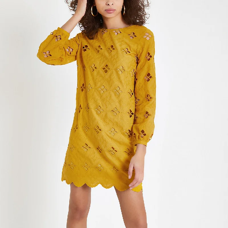 Dark yellow lace cut out swing dress Lace Dress Summer