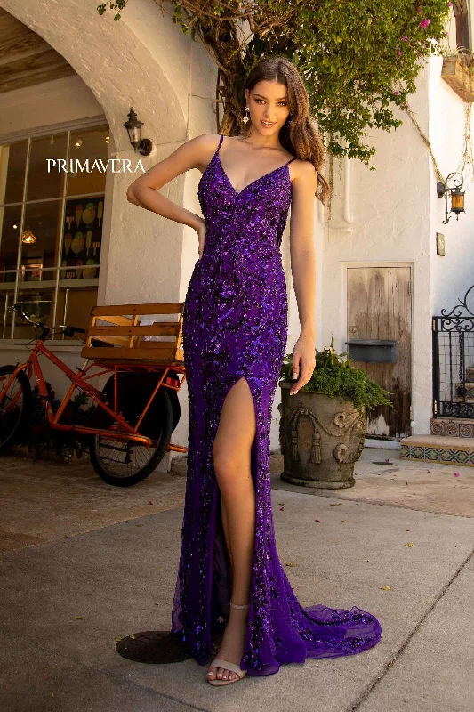 Clearance Sale Sequin V-Neck Open Back Gown By Primavera Couture -3749CL Sexy Sequined Dress