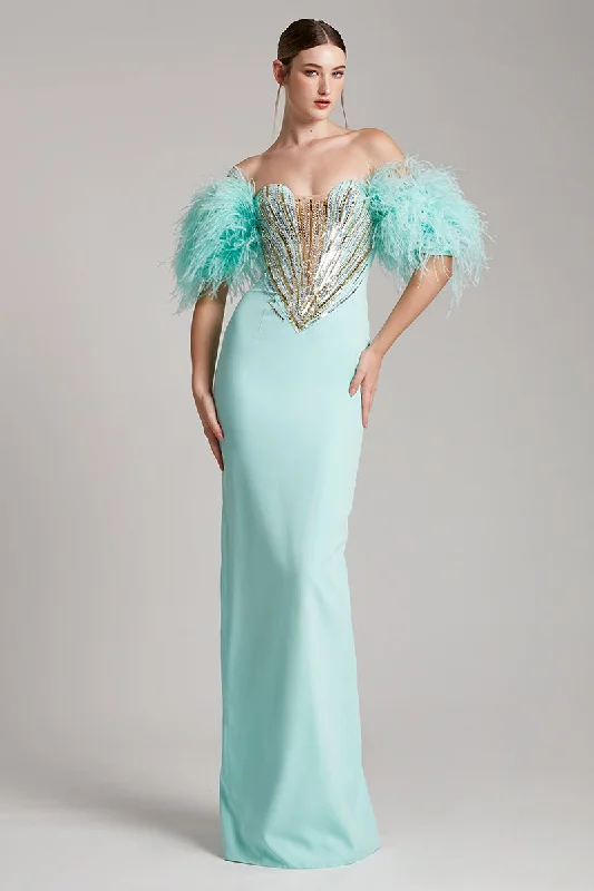 Ostrich Feather Trimmed Off Shoulder with Sequin in Mint Green Sequin Dress Trend