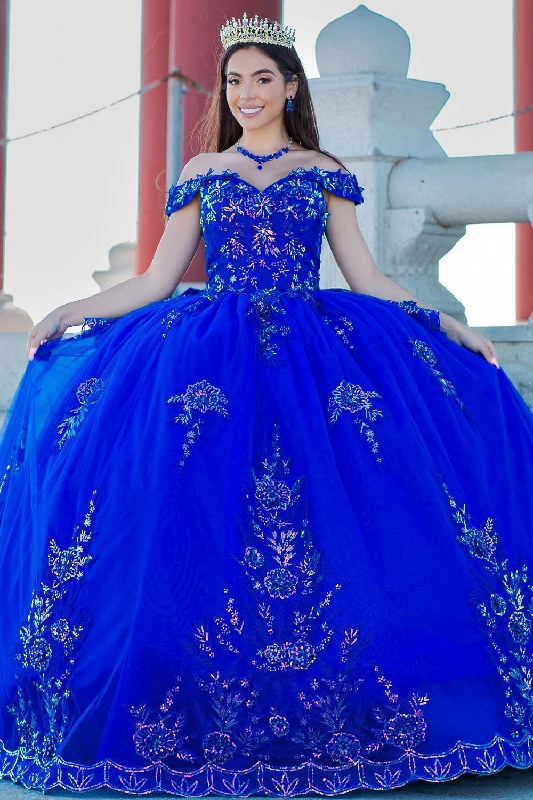 Sequin Off Shoulder Tulle Ball Gown by Cinderella Couture 8100J Colorful Sequin Dress