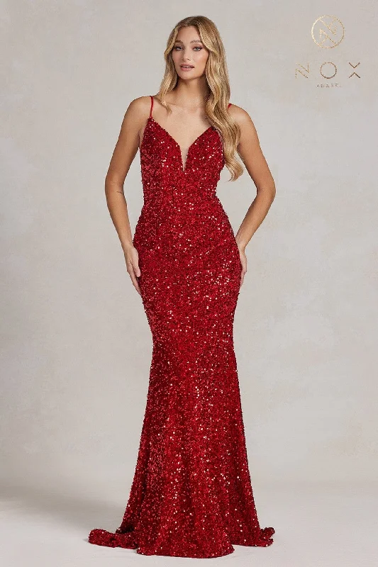 Sequin V-Neck Mermaid Gown by Nox Anabel R1071 - Outlet Backless Sequin Dress