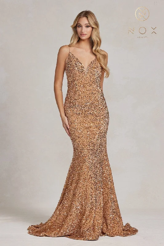 Sequin V-Neck Mermaid Gown by Nox Anabel R1071 Glamorous Sequin Dress