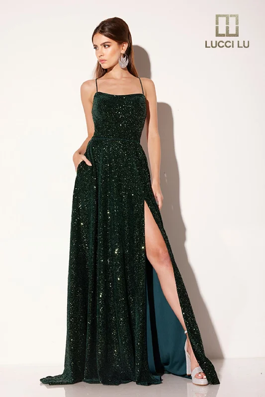 Sequin Velvet Sleeveless A-line Gown by Lucci Lu 1249 Ruched Sequin Dress