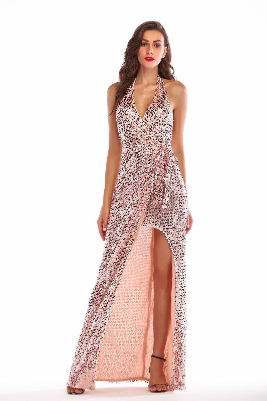 Brilliant V-neck Slit Backless Halter Sequin Prom Dress Hot Pink Sequin