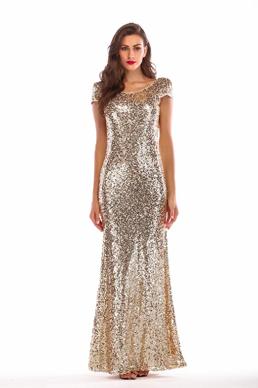 Gold Sequin Mermaid Cap Sleeves Backless Sparkly Prom Dress Sequin Gown Party