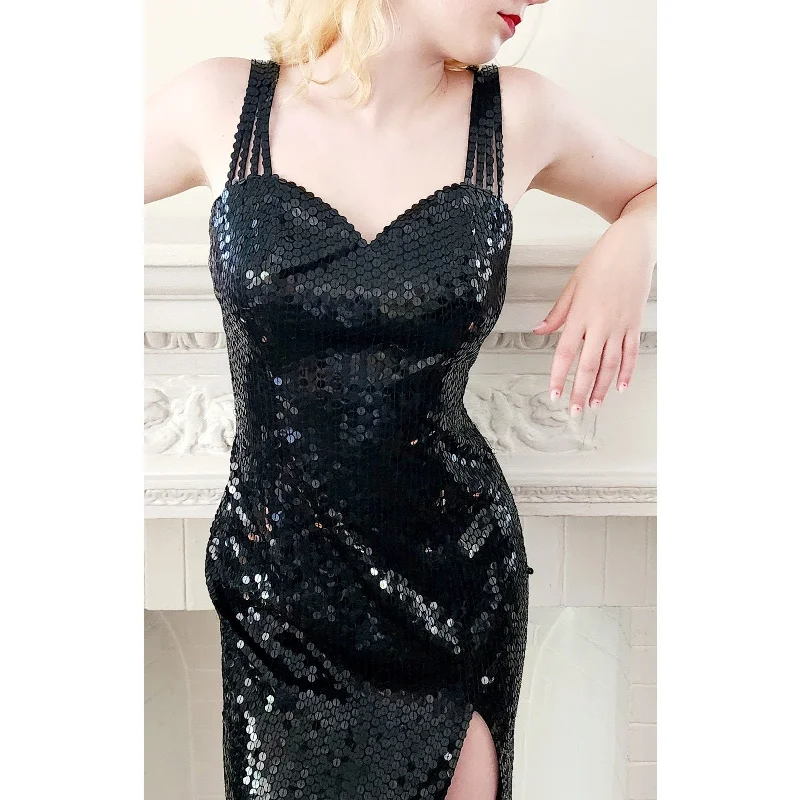 Vintage 90s Black Sequined Evening Dress w/Spaghetti Straps Niteline Della Roufagoli Blue Sequin Dress