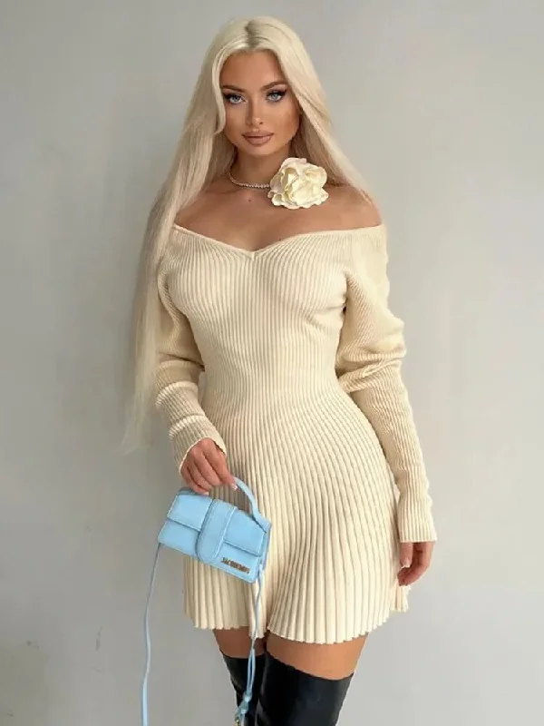 Elegant Knitted Sexy Club Women Dresses Long Sleeve Slash Neck Fashion Streetwear Solid Sheath Bodycon Vestidos Female Ruffle Bodycon Dress