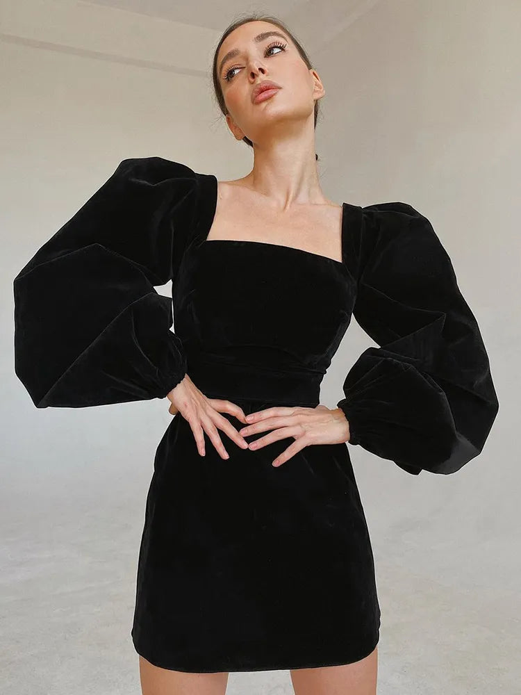 Evening Puff Sleeve Women's Velvet Dress Winter Black Sexy Bodycon Dress Square Collar Formal Dresses Elegant Trendy Bodycon Gown