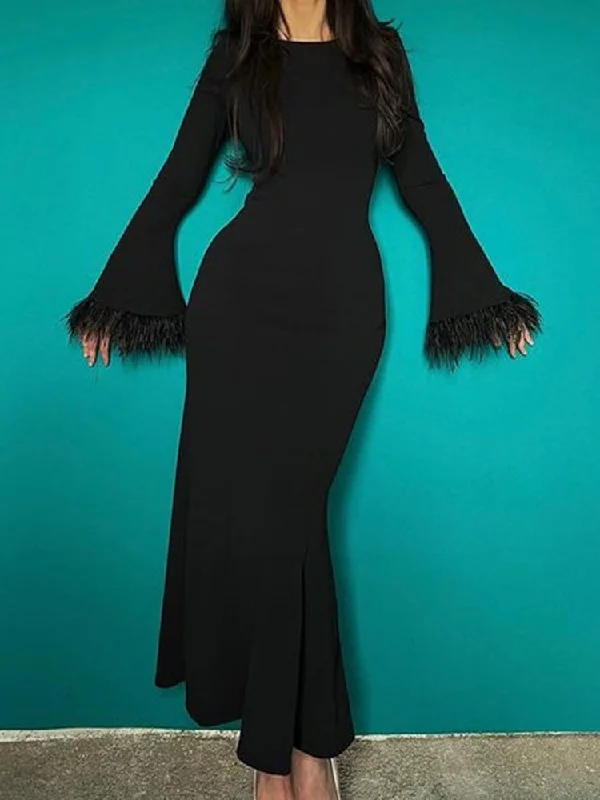 Fashion Feather Sleeve Dress Women Sexy Long Bodycon Dress Autumn Elegant Slim Wrap Dress Lady Black O-Neck Evening Party Dress Bodycon Dress Fit