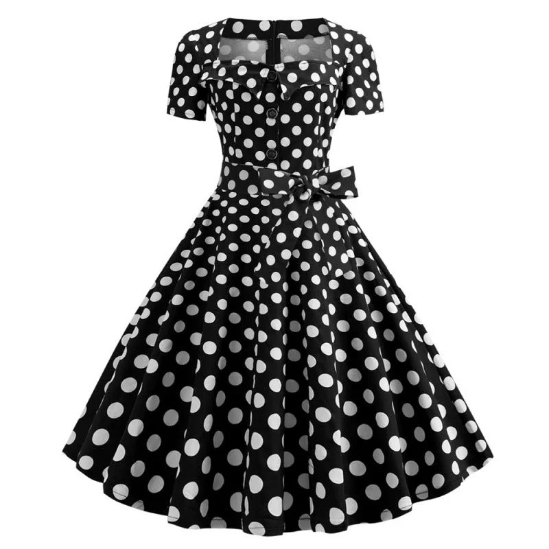 Girlary-shop alien invasion dress to impress Polka Dot Button Square Collar French Temperament Waist-Tight Short Sleeve Large Swing Dress Hot Pink Bodycon