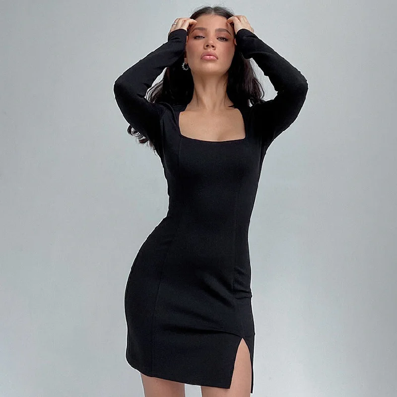 Girlary-shop going out outfits French Style Elegant Retro Small Black Dress Elegant Square Collar Bottoming Long Sleeve Dress Women's Autumn Tight Waist Hip Skirt Sleek Bodycon Dress