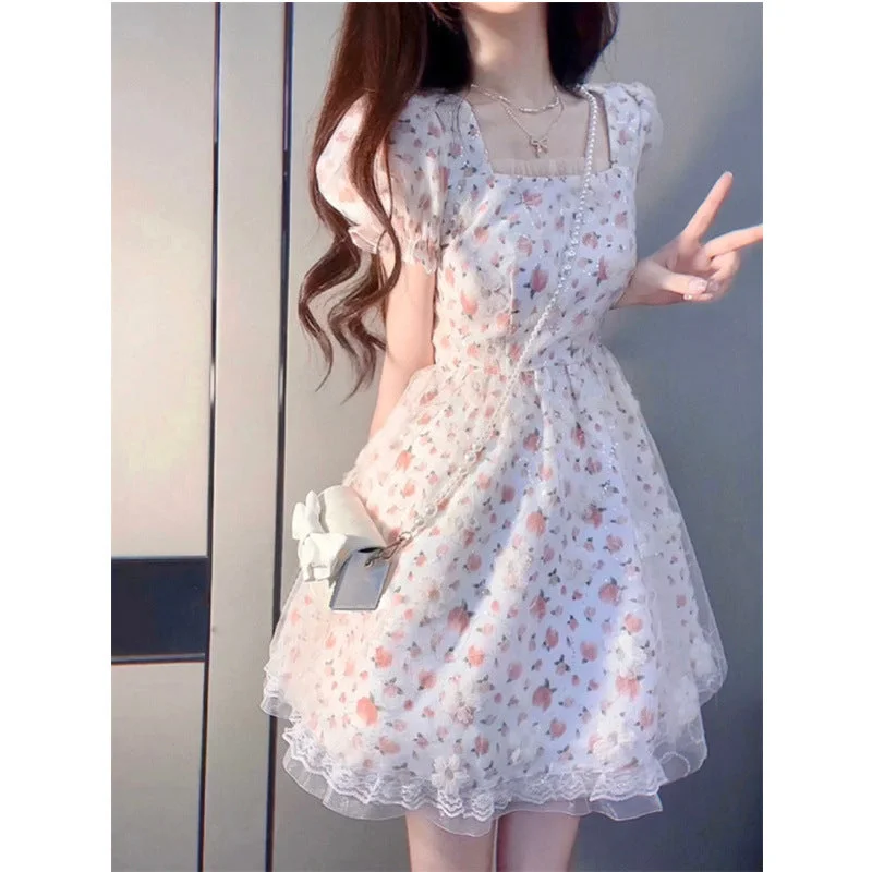 Girlary-shop harajuku dress to impress French Milk Sweet Floral Princess Dress Waist-Tight Chic First Love Gentle Style Puff Sleeve Fluffy Dress Summer Bodycon Dress Fashion