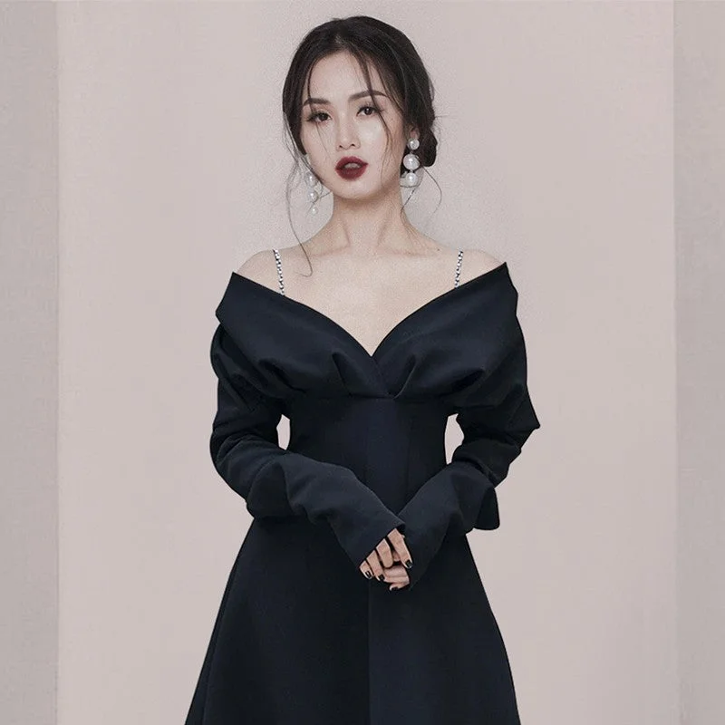 Girlary-shop k drama dress to impress Niche High-End Black V-neck Sling Long Sleeve Waist-Tight Large Swing Dress Elegant Light Luxury Host Evening Dress Trendy Bodycon Gown