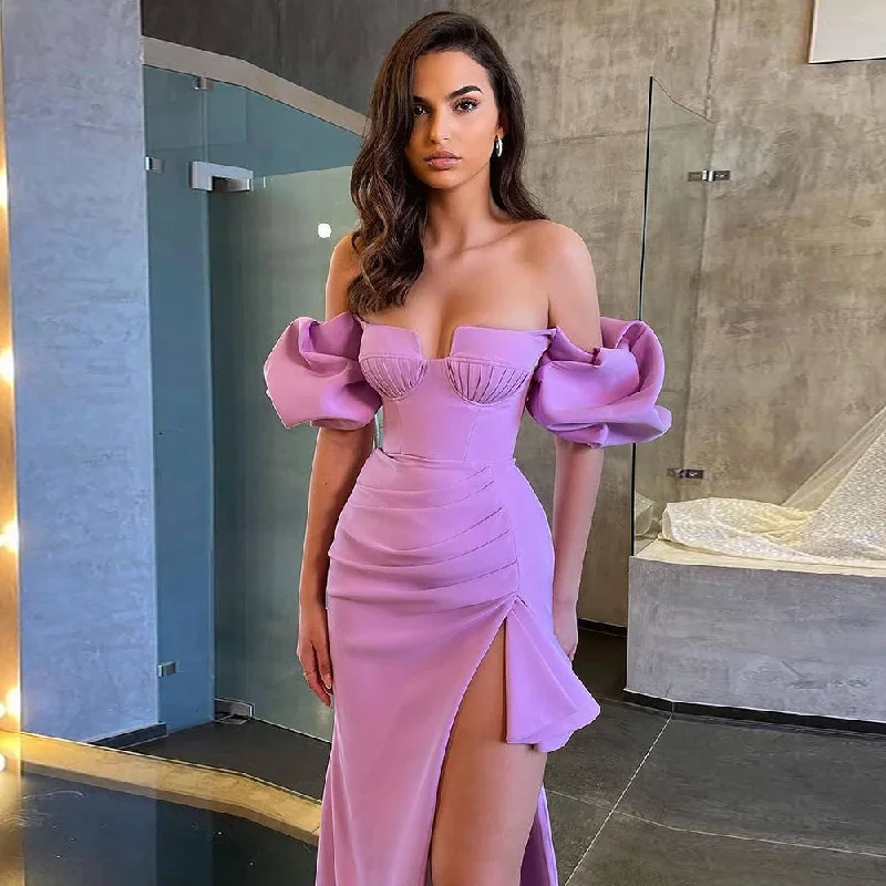 Girlary-shop rainforest dress to impress Summer New Purple Puff Sleeve off-Shoulder Ruffled Mid-Length Bandage Dress Sexy Tight Style Bodycon Dress Curve