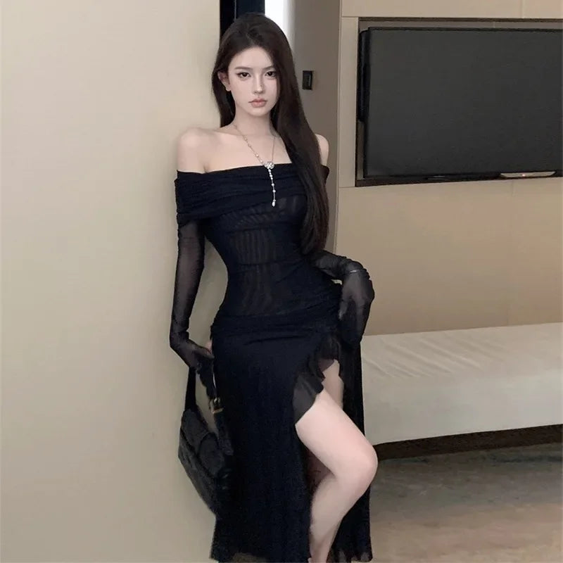 Girlary Women Black Sexy Long Dress Off Shoulder Elegant Irregular Ruffle Split Evening Party Dresses Bodycon Gothic Lace Dress Hot Bodycon Dress