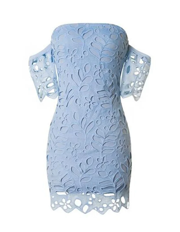 Off Shoulder Light Blue Lace Bodycon Dress Chic Bodycon Fit