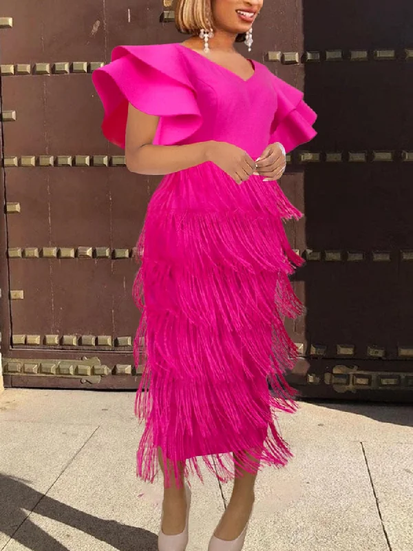 Pbong mid size graduation outfit romantic style teen swag clean girl ideas 90s latina aestheticWomen Tassel Dress V Neck Fringe Bodycon Slim Party Ruffles Sleeves Spring Celebrate Elegant Fashion Prom Lady Package Hip Gown Lace Detail Bodycon