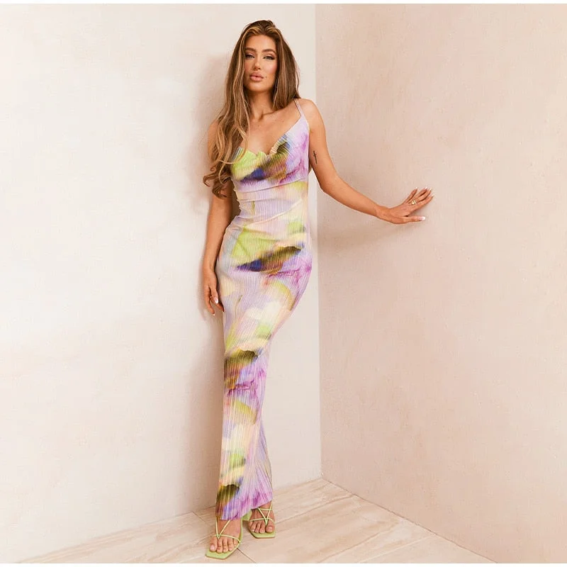 Printed V-neck High Waist Women's Dress Sexy Bodycon Sleeveless Strap Long Dresses Lady Summer Holiday Party Fashion Vestidos Formal Bodycon Dress