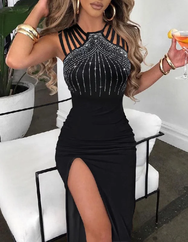 Solid-color Halter Slits Night Club Party Bodycon Dresses Bodycon Evening Dress