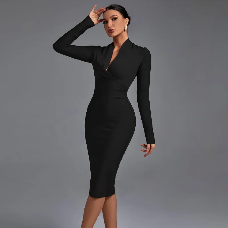 Chic V-Neck Long Sleeve Bodycon Dress Stylish Mini Bodycon