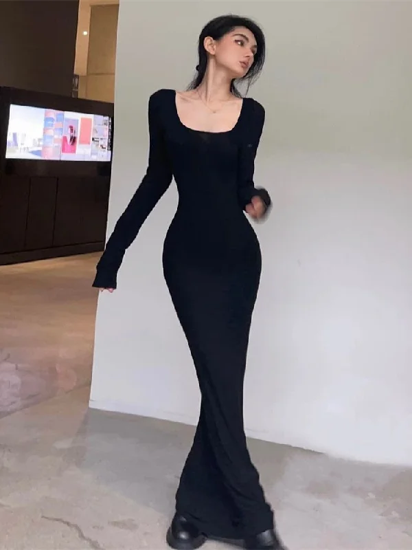 Y2K Sexy Black Dress Women Vintage Wrap Slim Bodycon Long Dresses Party Evening Square Collar Fashion Spring Outfits Bold Bodycon Dress