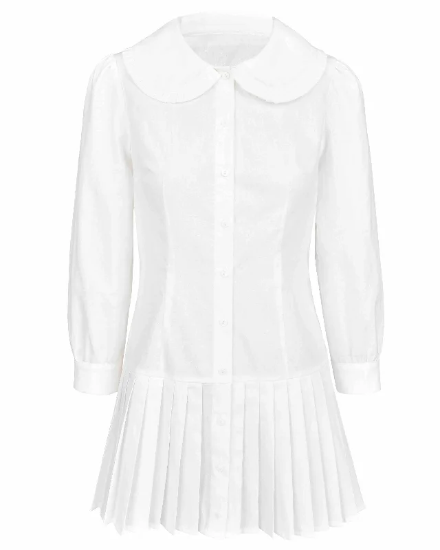 Pleat Shirt Dress - White Elegant Shirt Dress