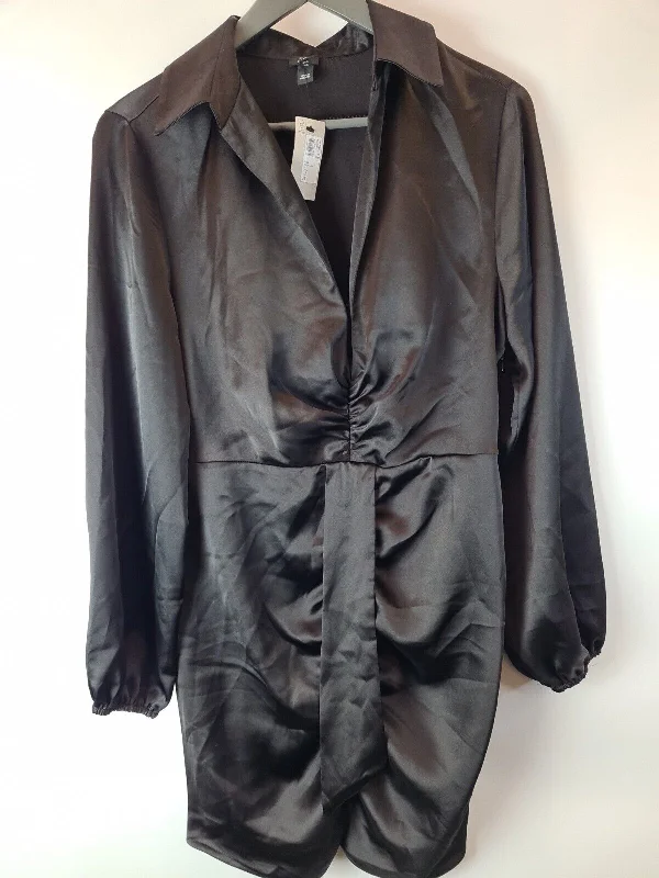 River Island Black Satin Plunge Shirt   Dress Size UK 12 **** V29 Dress Shirt Chic