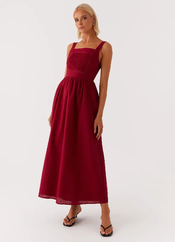 Brylin Linen Midi Dress - Red Floral A-line Skirt