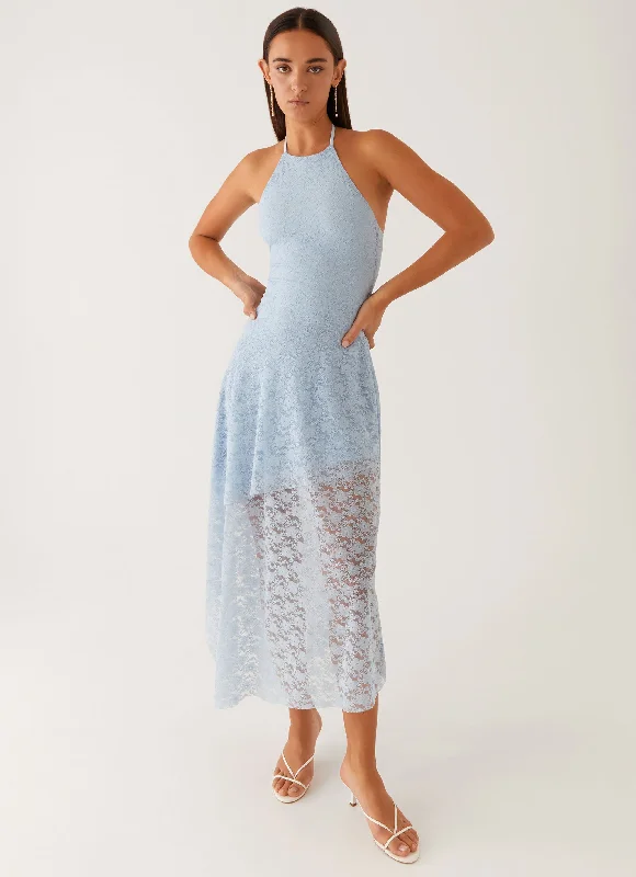 Lyndal Lace Midi Dress - Blue Printed Midi Outfit