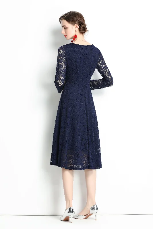 Navy Evening Lace A-line Boatneck Long Sleeve Midi Classic Dress Summer Midi Skirt