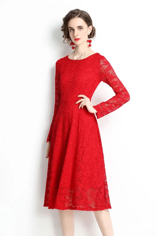 Red Evening Lace A-line Boatneck Long Sleeve Midi Classic Dress Trendy Midi Skirt